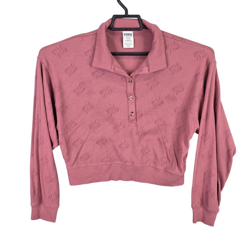 Womens Victorias Secret Pink Ribbed Cropped Top Collared Long Sleeve Polyester M
